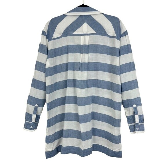 K by Kersh Size Small Blue White Oversized Split Neck Hi-Lo Top Shirt Blouse - Picture 3 of 4